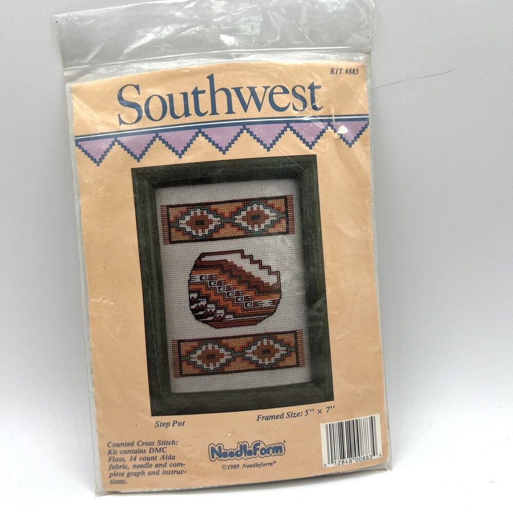 NEW 1989 Needleform Counted Cross Stitch Kit Framed 5x7 Southwest Step Pot #883